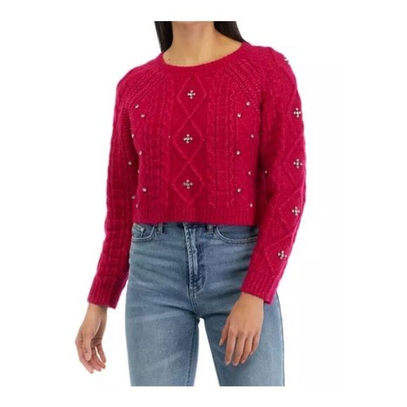 New ASTR the label Women's Madison Pullover Knit Sweater Pink Embellished M - Picture 7 of 9